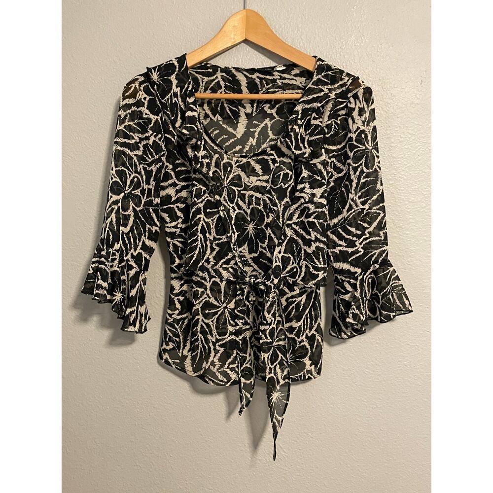 Womens Top Medium Black Floral Chiffon Sheer Bell Sleeve Ruffle Whimsigoth Y2K